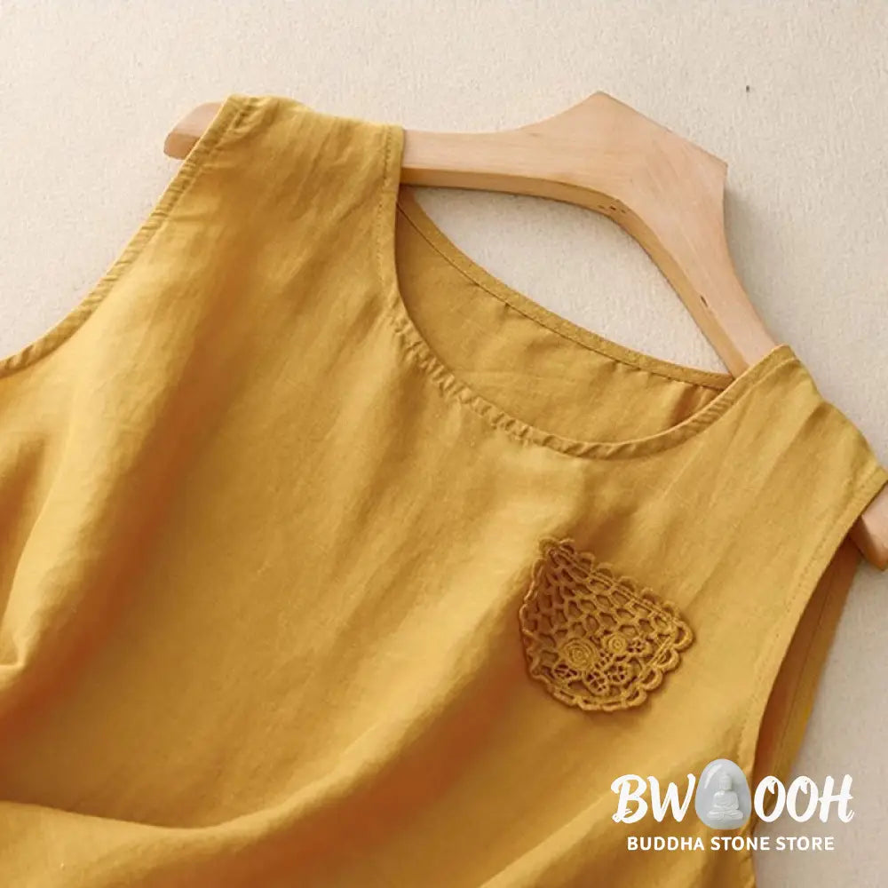 Buddha Stones Casual Pure Color Embroidery Patchwork Design Sleeveless Crew Neck Women’s Cotton Linen Vest - Women’s