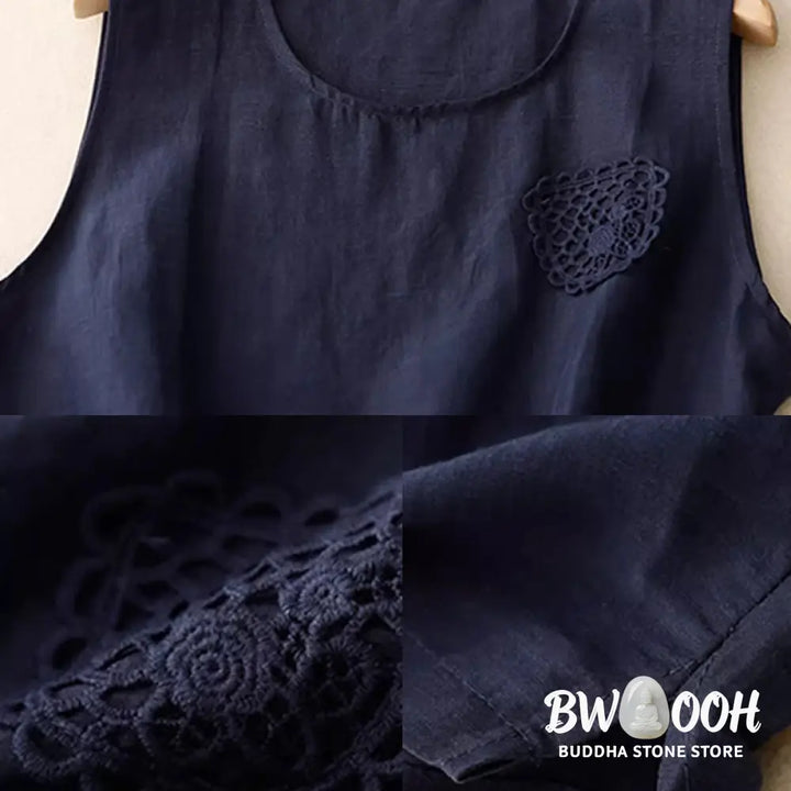 Buddha Stones Casual Pure Color Embroidery Patchwork Design Sleeveless Crew Neck Women’s Cotton Linen Vest - Women’s