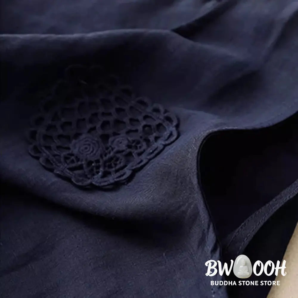 Buddha Stones Casual Pure Color Embroidery Patchwork Design Sleeveless Crew Neck Women’s Cotton Linen Vest - Women’s
