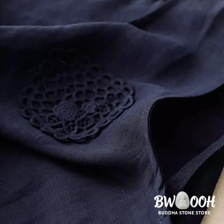 Buddha Stones Casual Pure Color Embroidery Patchwork Design Sleeveless Crew Neck Women’s Cotton Linen Vest - Women’s