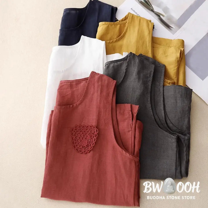 Buddha Stones Casual Pure Color Embroidery Patchwork Design Sleeveless Crew Neck Women’s Cotton Linen Vest - Women’s