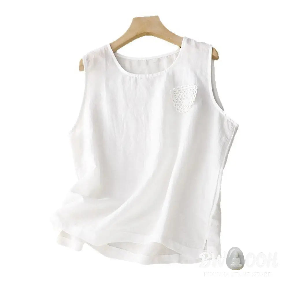 Buddha Stones Casual Pure Color Embroidery Patchwork Design Sleeveless Crew Neck Women’s Cotton Linen Vest - Women’s