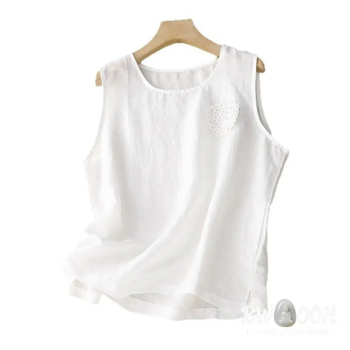 Buddha Stones Casual Pure Color Embroidery Patchwork Design Sleeveless Crew Neck Women’s Cotton Linen Vest - Women’s