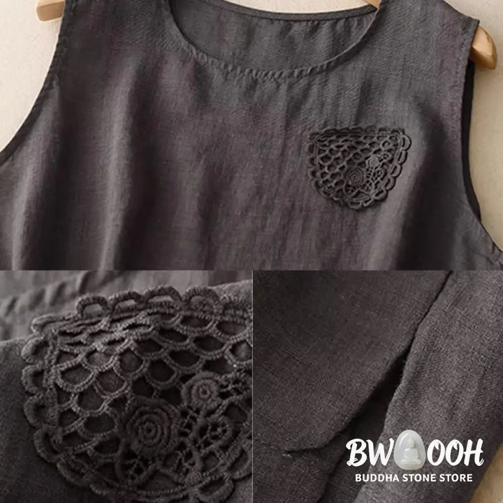 Buddha Stones Casual Pure Color Embroidery Patchwork Design Sleeveless Crew Neck Women’s Cotton Linen Vest - Women’s