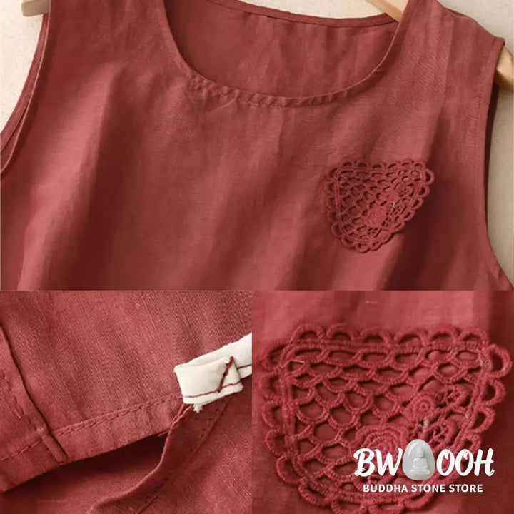 Buddha Stones Casual Pure Color Embroidery Patchwork Design Sleeveless Crew Neck Women’s Cotton Linen Vest - Women’s