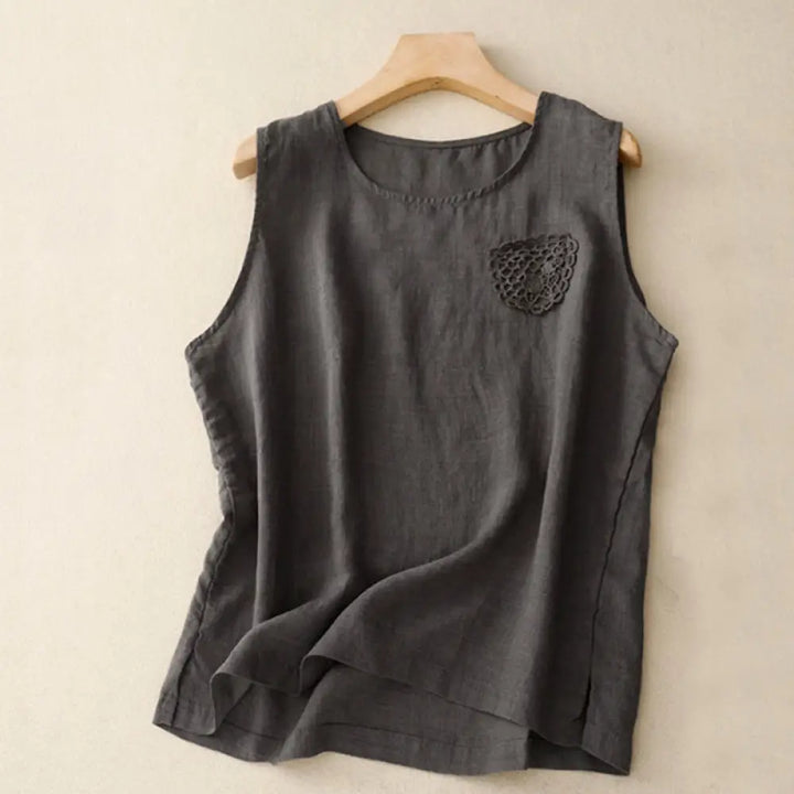 Buddha Stones Casual Pure Color Embroidery Patchwork Design Sleeveless Crew Neck Women’s Cotton Linen Vest