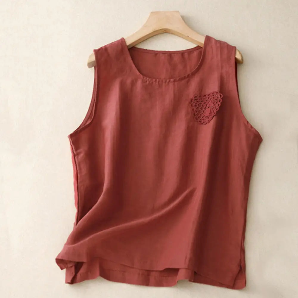 Buddha Stones Casual Pure Color Embroidery Patchwork Design Sleeveless Crew Neck Women’s Cotton Linen Vest - FireBrick