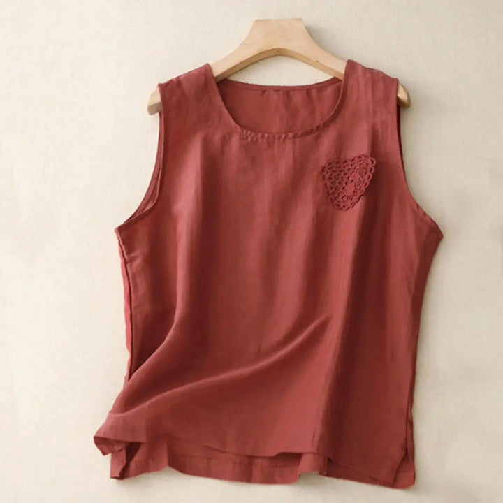 Buddha Stones Casual Pure Color Embroidery Patchwork Design Sleeveless Crew Neck Women’s Cotton Linen Vest - FireBrick