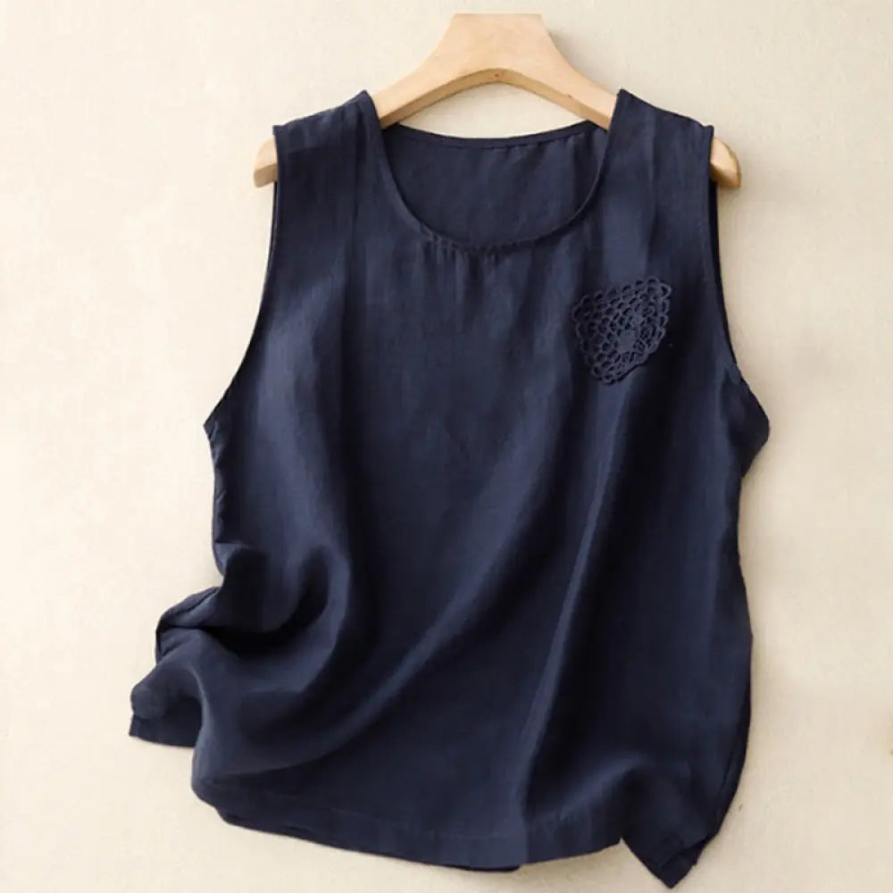 Buddha Stones Casual Pure Color Embroidery Patchwork Design Sleeveless Crew Neck Women’s Cotton Linen Vest