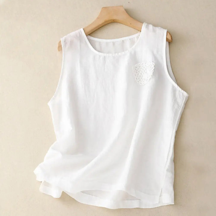 Buddha Stones Casual Pure Color Embroidery Patchwork Design Sleeveless Crew Neck Women’s Cotton Linen Vest - White