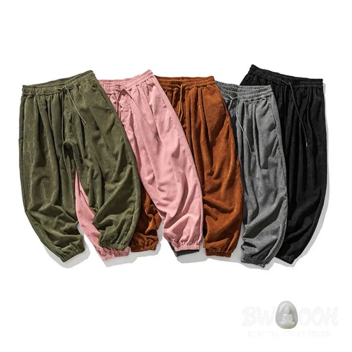 Buddha Stones Casual Pure Color Men’s Drawstring Corduroy Harem Ankle-Length Pants With Pockets - Men’s Harem Pants