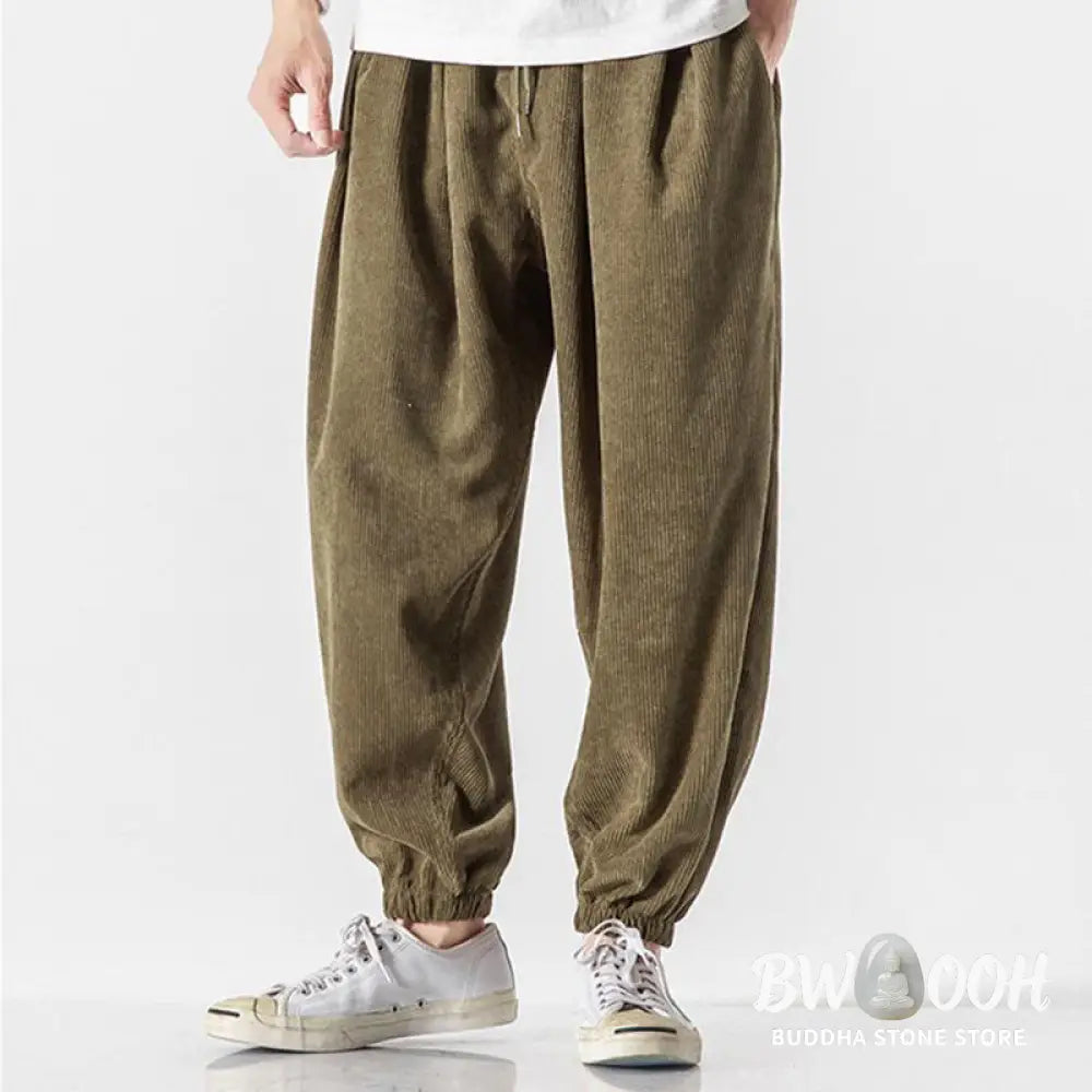 Buddha Stones Casual Pure Color Men’s Drawstring Corduroy Harem Ankle-Length Pants With Pockets - Men’s Harem Pants