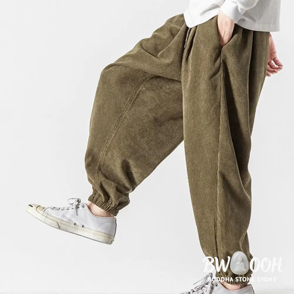 Buddha Stones Casual Pure Color Men’s Drawstring Corduroy Harem Ankle-Length Pants With Pockets - Men’s Harem Pants