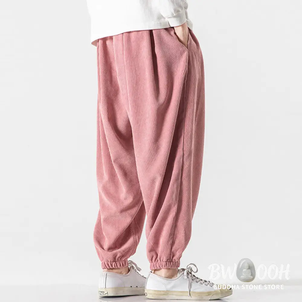 Buddha Stones Casual Pure Color Men’s Drawstring Corduroy Harem Ankle-Length Pants With Pockets - Men’s Harem Pants