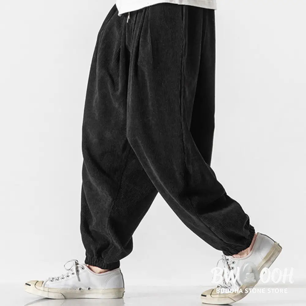 Buddha Stones Casual Pure Color Men’s Drawstring Corduroy Harem Ankle-Length Pants With Pockets - Men’s Harem Pants