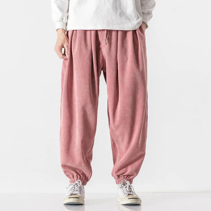 Buddha Stones Casual Pure Color Men’s Drawstring Corduroy Harem Ankle-Length Pants With Pockets - LightPink