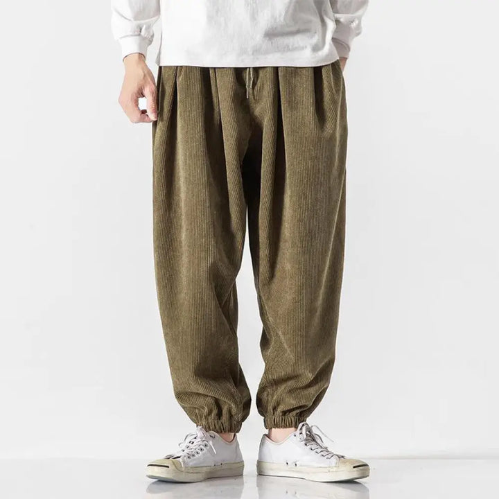 Buddha Stones Casual Pure Color Men’s Drawstring Corduroy Harem Ankle-Length Pants With Pockets - Olive