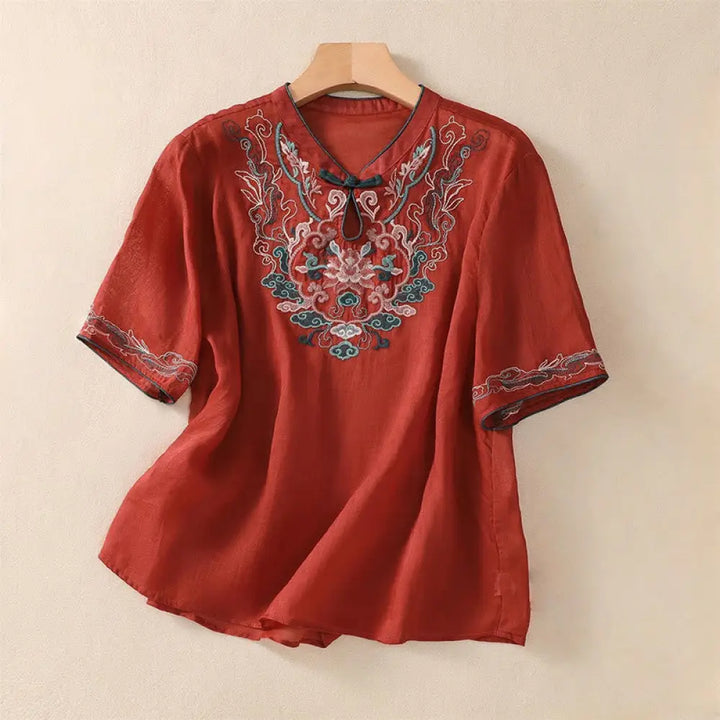 Buddha Stones Casual Retro Embroidery Frog-Button Design Women’s Cotton Linen Half Sleeve Shirt - FireBrick