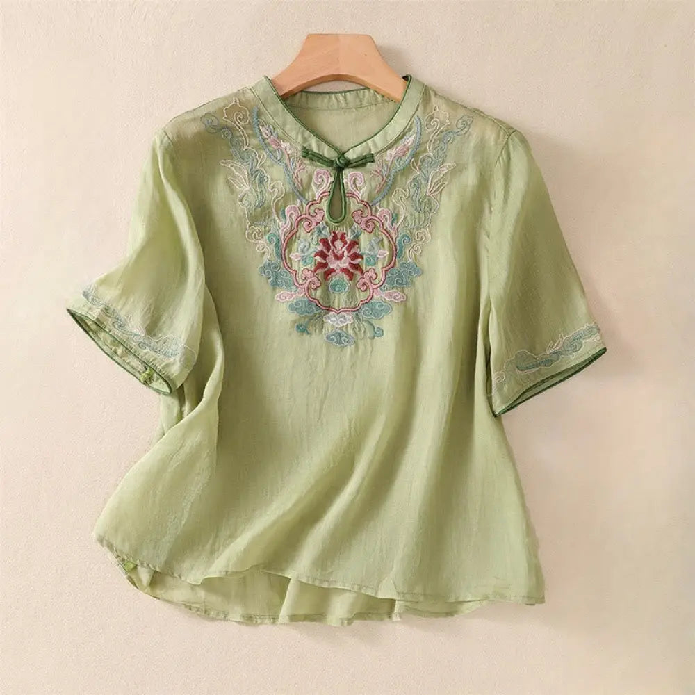 Buddha Stones Casual Retro Embroidery Frog-Button Design Women’s Cotton Linen Half Sleeve Shirt - LightGreen