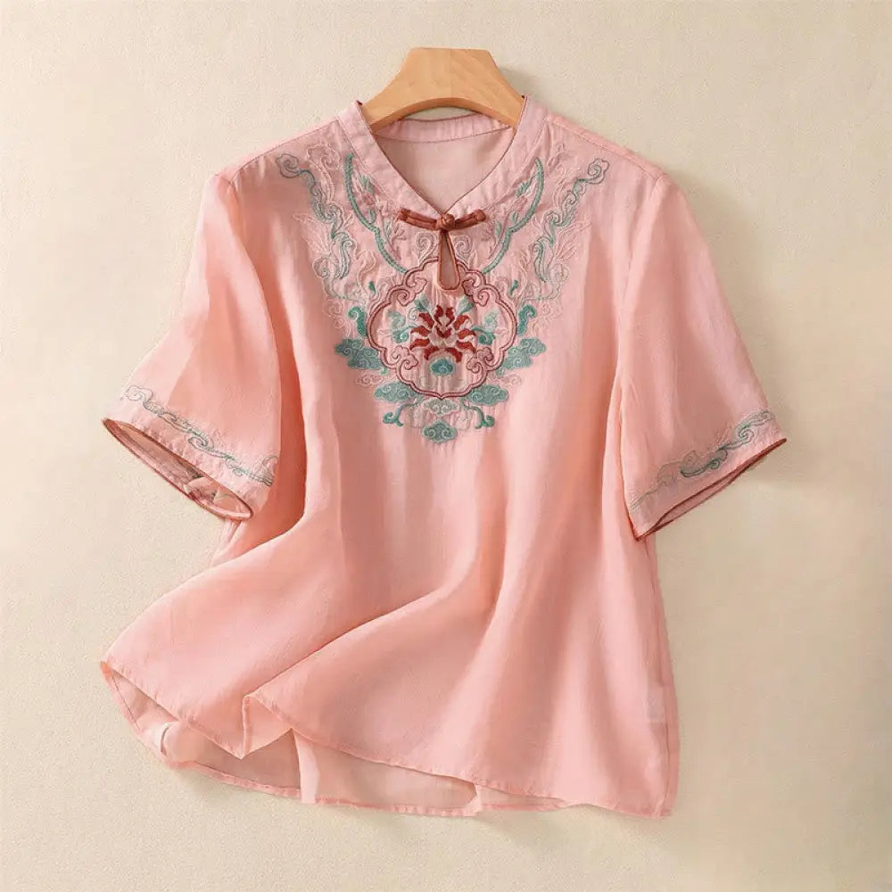 Buddha Stones Casual Retro Embroidery Frog-Button Design Women’s Cotton Linen Half Sleeve Shirt - LightSalmon