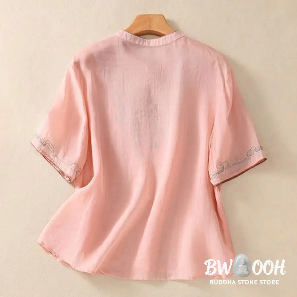 Buddha Stones Casual Retro Embroidery Frog-Button Design Women’s Cotton Linen Half Sleeve Shirt - Women’s Shirts