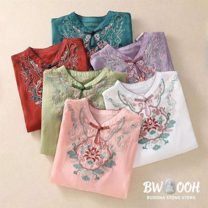 Buddha Stones Casual Retro Embroidery Frog-Button Design Women’s Cotton Linen Half Sleeve Shirt - Women’s Shirts