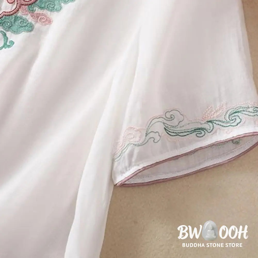 Buddha Stones Casual Retro Embroidery Frog-Button Design Women’s Cotton Linen Half Sleeve Shirt - Women’s Shirts