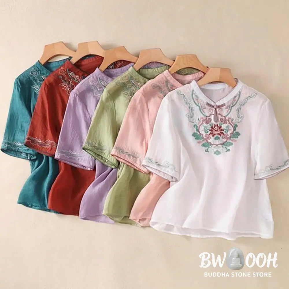 Buddha Stones Casual Retro Embroidery Frog-Button Design Women’s Cotton Linen Half Sleeve Shirt - Women’s Shirts