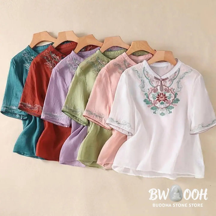 Buddha Stones Casual Retro Embroidery Frog-Button Design Women’s Cotton Linen Half Sleeve Shirt - Women’s Shirts
