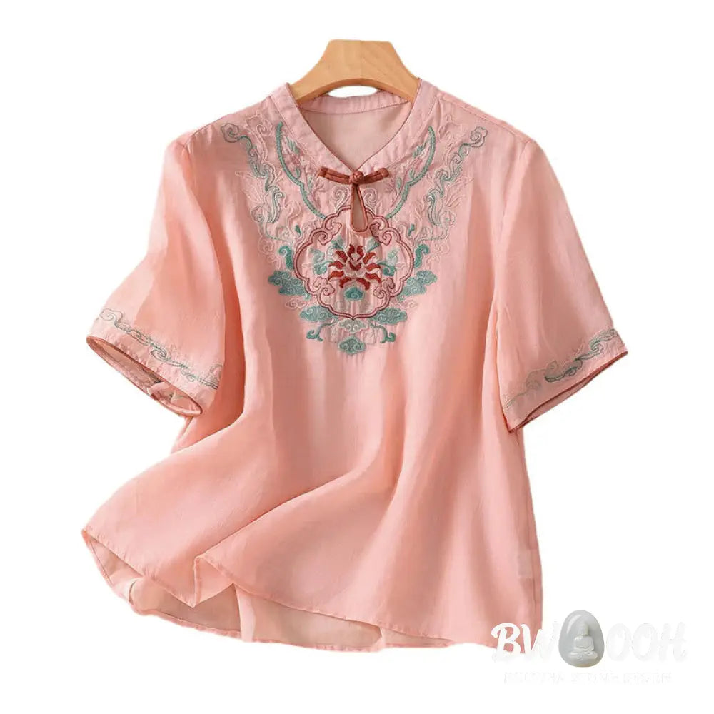 Buddha Stones Casual Retro Embroidery Frog-Button Design Women’s Cotton Linen Half Sleeve Shirt - Women’s Shirts