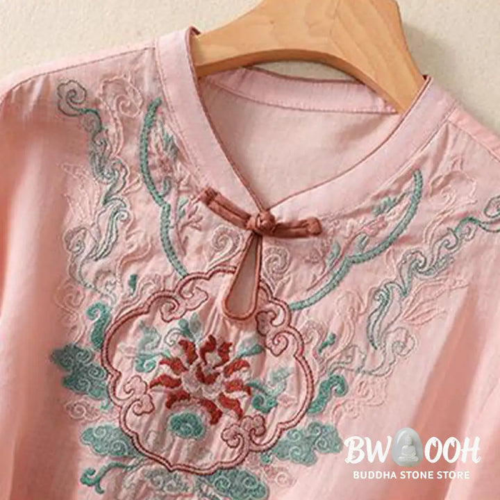 Buddha Stones Casual Retro Embroidery Frog-Button Design Women’s Cotton Linen Half Sleeve Shirt - Women’s Shirts