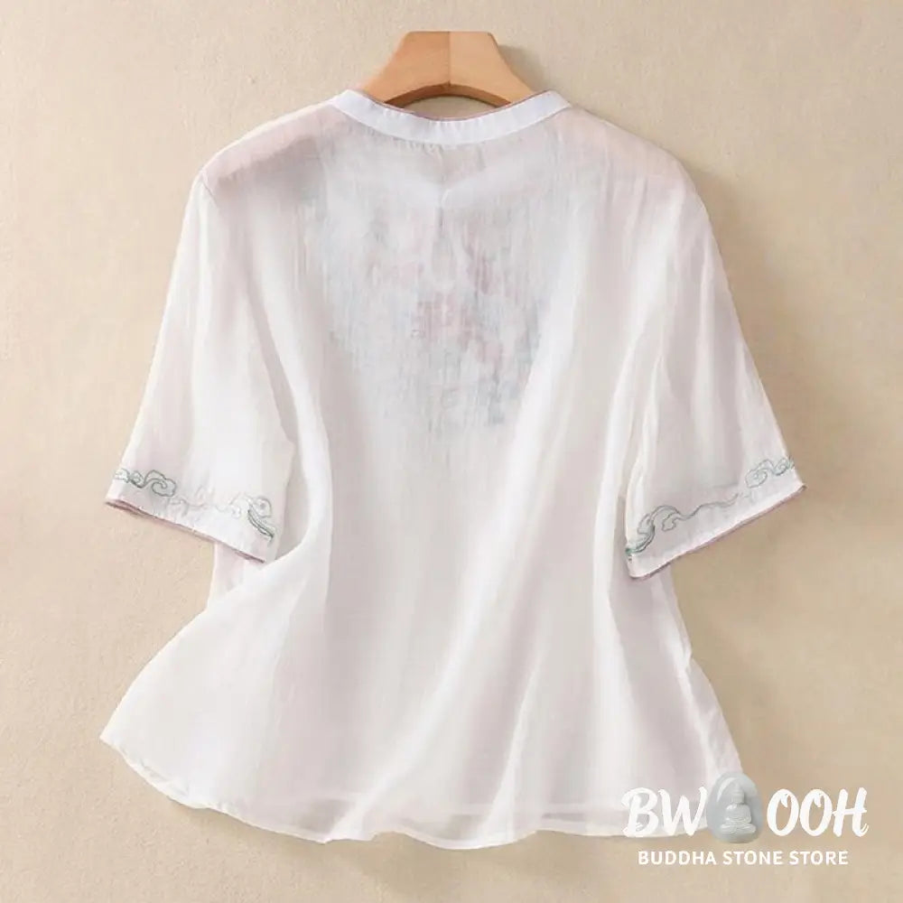 Buddha Stones Casual Retro Embroidery Frog-Button Design Women’s Cotton Linen Half Sleeve Shirt - Women’s Shirts