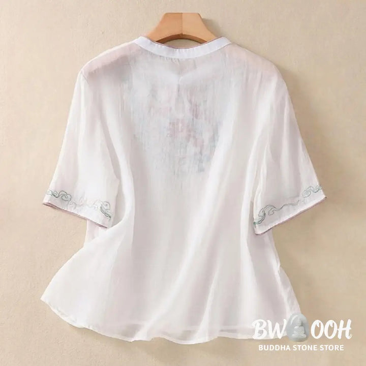 Buddha Stones Casual Retro Embroidery Frog-Button Design Women’s Cotton Linen Half Sleeve Shirt - Women’s Shirts
