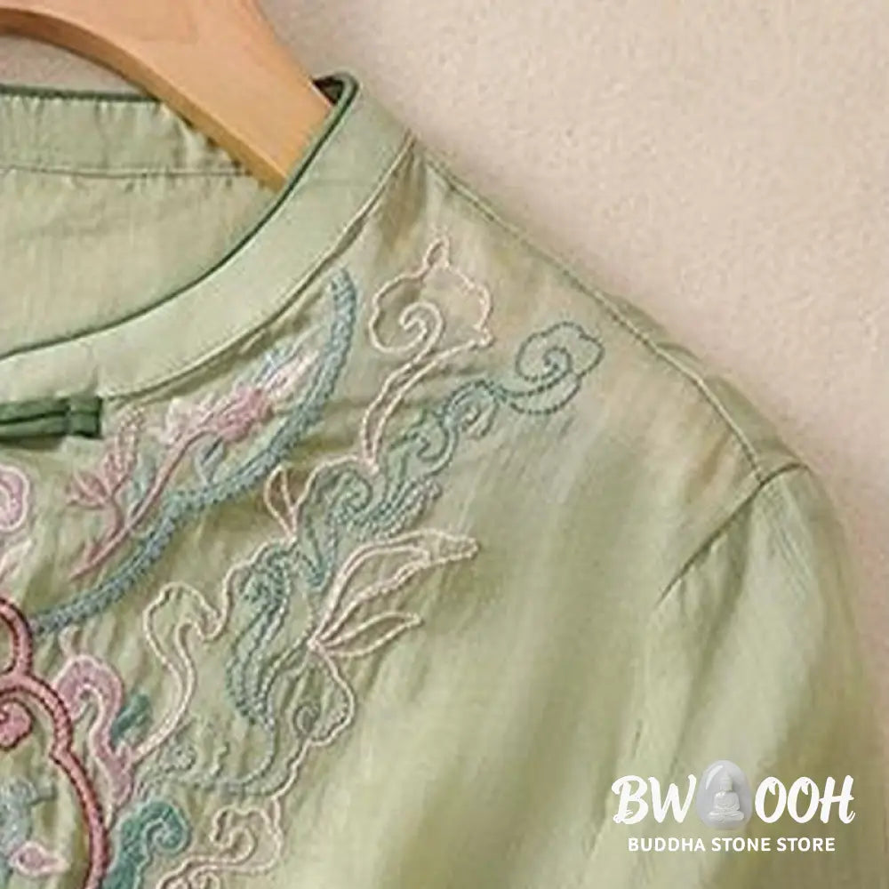 Buddha Stones Casual Retro Embroidery Frog-Button Design Women’s Cotton Linen Half Sleeve Shirt - Women’s Shirts
