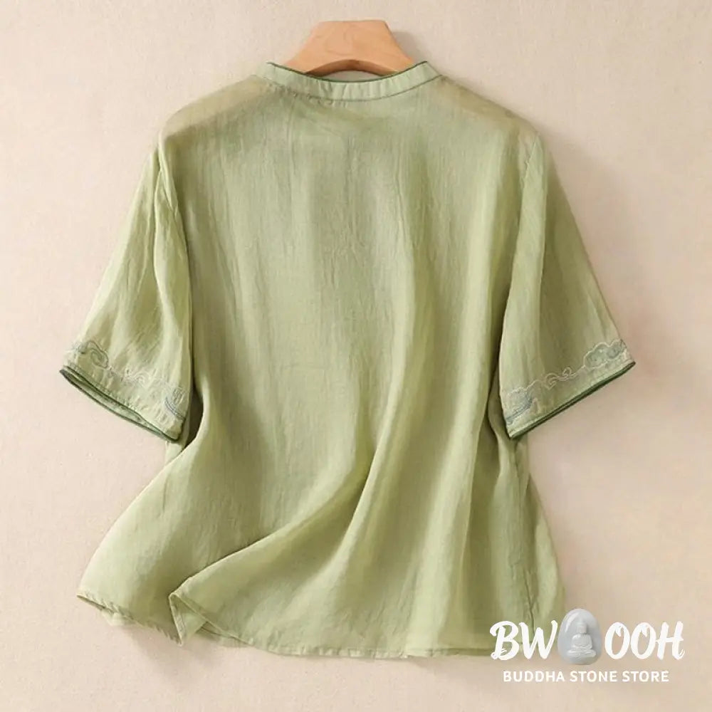 Buddha Stones Casual Retro Embroidery Frog-Button Design Women’s Cotton Linen Half Sleeve Shirt - Women’s Shirts