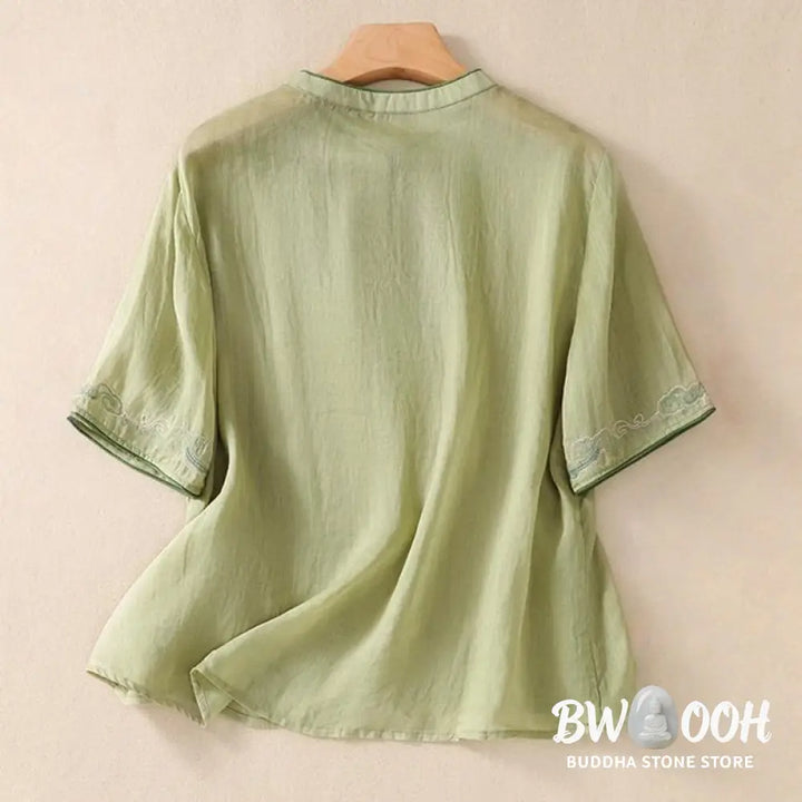 Buddha Stones Casual Retro Embroidery Frog-Button Design Women’s Cotton Linen Half Sleeve Shirt - Women’s Shirts