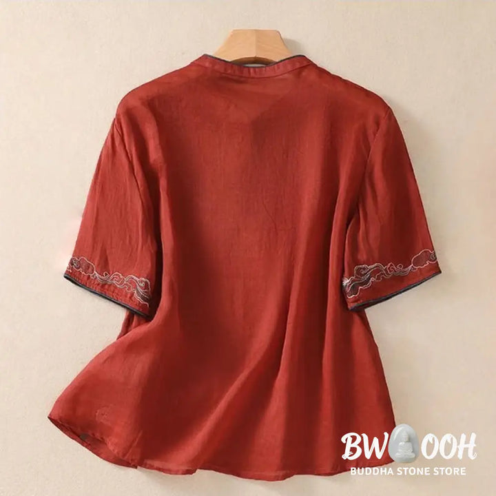 Buddha Stones Casual Retro Embroidery Frog-Button Design Women’s Cotton Linen Half Sleeve Shirt - Women’s Shirts