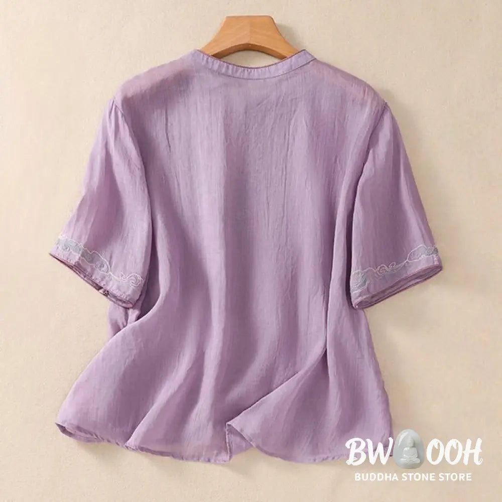 Buddha Stones Casual Retro Embroidery Frog-Button Design Women’s Cotton Linen Half Sleeve Shirt - Women’s Shirts