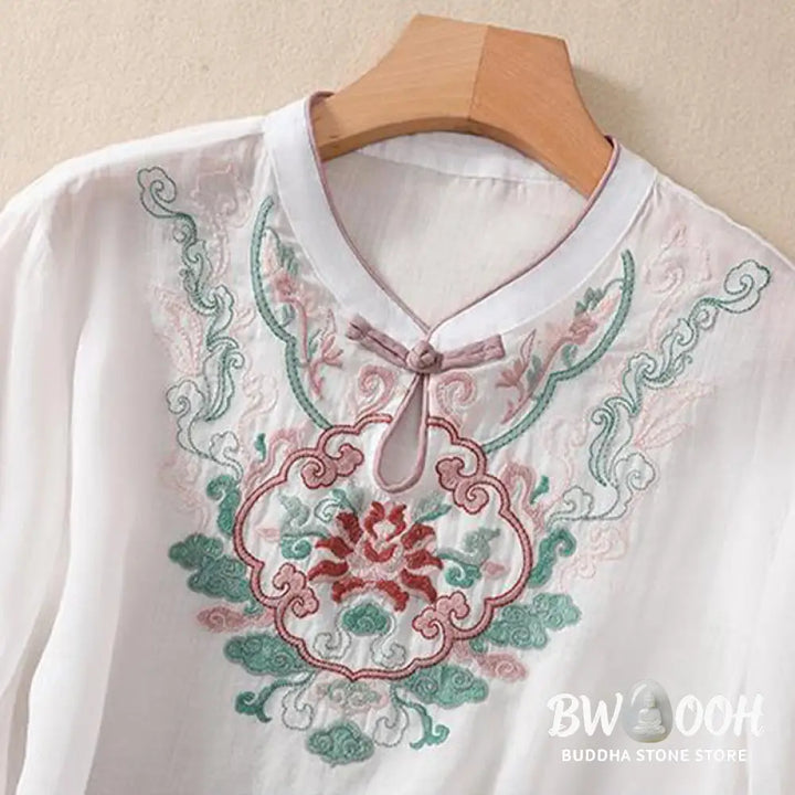 Buddha Stones Casual Retro Embroidery Frog-Button Design Women’s Cotton Linen Half Sleeve Shirt - Women’s Shirts