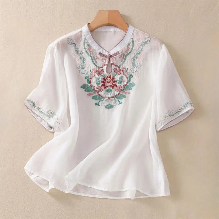 Buddha Stones Casual Retro Embroidery Frog-Button Design Women’s Cotton Linen Half Sleeve Shirt - White