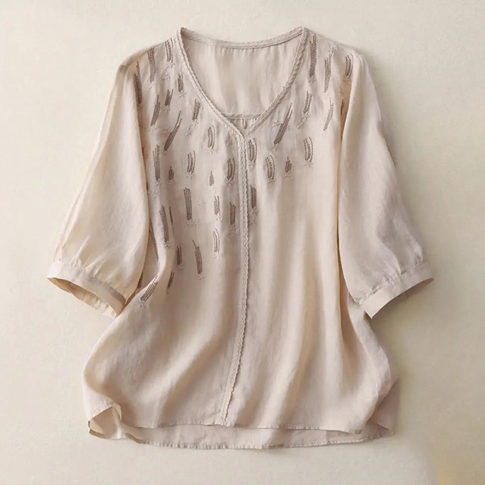 Buddha Stones Casual Shooting Star Embroidery V-Neck Half Sleeve Cotton Linen Women’s Shirt - Beige / US4，UK/AU8，EU36