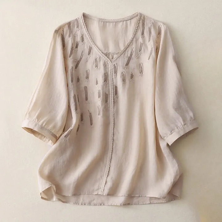 Buddha Stones Casual Shooting Star Embroidery V-Neck Half Sleeve Cotton Linen Women’s Shirt - Beige / US4，UK/AU8，EU36