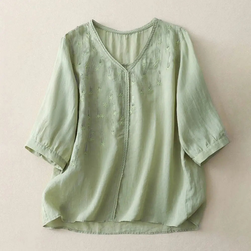 Buddha Stones Casual Shooting Star Embroidery V-Neck Half Sleeve Cotton Linen Women’s Shirt - LightGreen