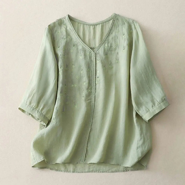 Buddha Stones Casual Shooting Star Embroidery V-Neck Half Sleeve Cotton Linen Women’s Shirt - LightGreen