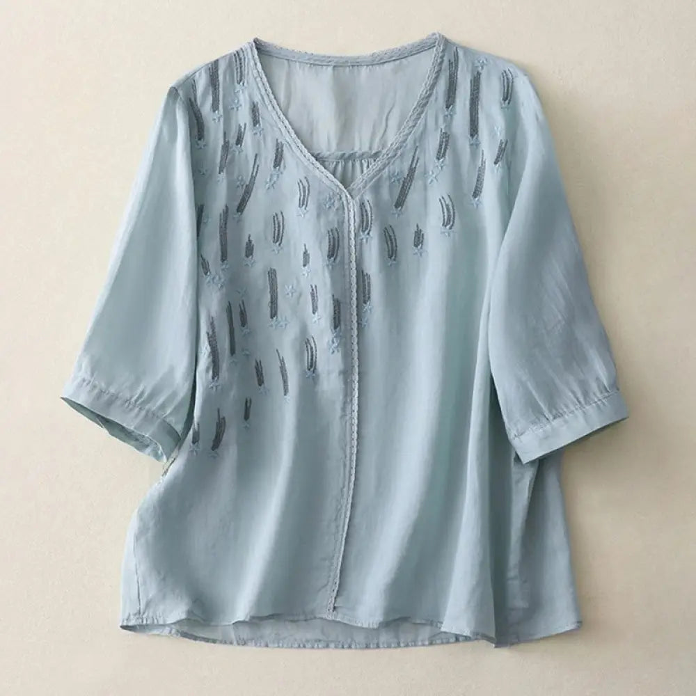 Buddha Stones Casual Shooting Star Embroidery V-Neck Half Sleeve Cotton Linen Women’s Shirt - LightSkyBlue