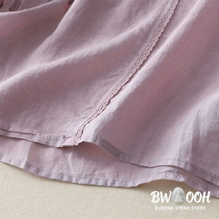 Buddha Stones Casual Shooting Star Embroidery V-Neck Half Sleeve Cotton Linen Women’s Shirt - Women’s Shirts