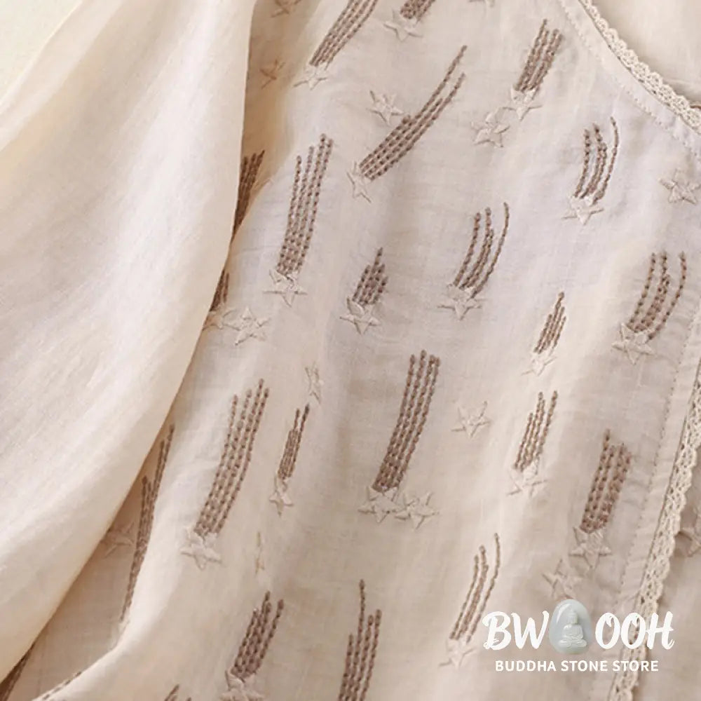 Buddha Stones Casual Shooting Star Embroidery V-Neck Half Sleeve Cotton Linen Women’s Shirt - Women’s Shirts