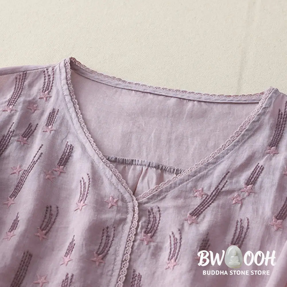 Buddha Stones Casual Shooting Star Embroidery V-Neck Half Sleeve Cotton Linen Women’s Shirt - Women’s Shirts