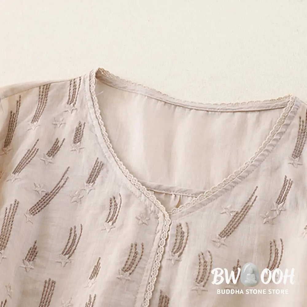 Buddha Stones Casual Shooting Star Embroidery V-Neck Half Sleeve Cotton Linen Women’s Shirt - Women’s Shirts