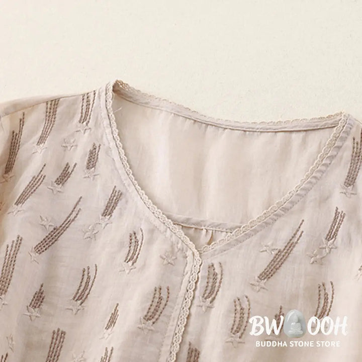 Buddha Stones Casual Shooting Star Embroidery V-Neck Half Sleeve Cotton Linen Women’s Shirt - Women’s Shirts